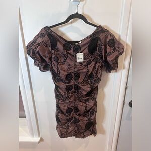 NWT Free People Elegant Black and Mauve Embroidered Floral Dress